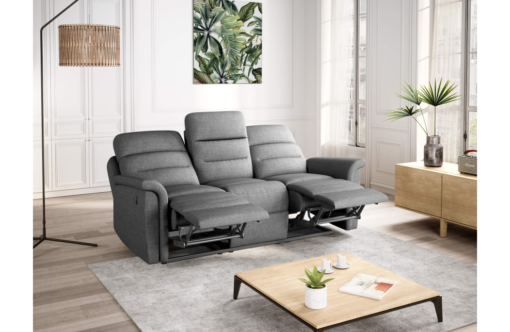 Canapé de Relaxation 3 places en Tissu Gris LÉON