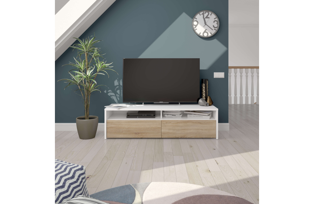 Meuble TV LOLA 2 portes battantes et 2 niches de rangement L130 cm