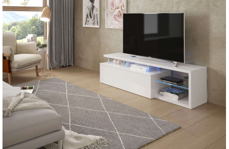 Meuble TV ETHAN à éclairage LED 1 Porte et 4 niches L150cm