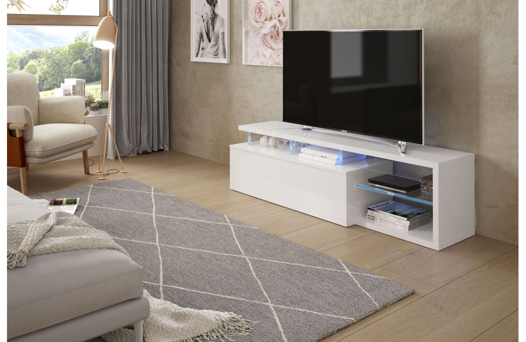 Meuble TV ETHAN à éclairage LED 1 Porte et 4 niches L150cm
