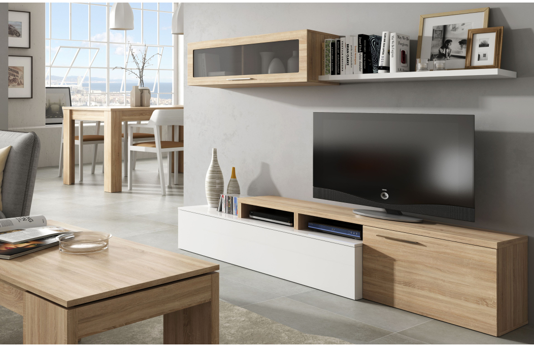 Meuble TV ESMÉ 2 portes avec étagère murale L200cm