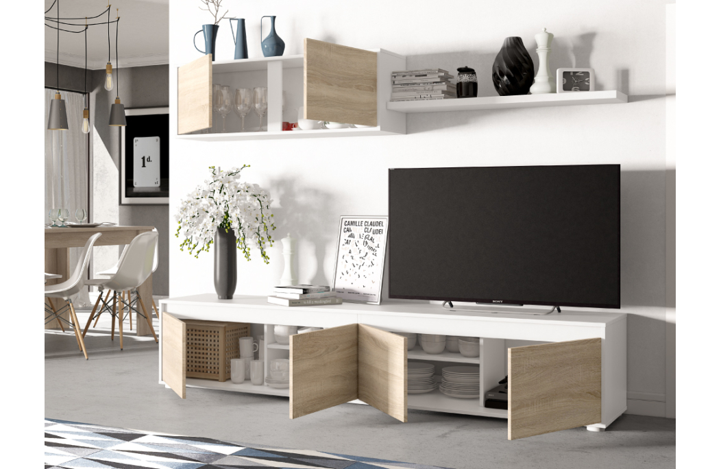 Meuble TV ELODIE 4 portes avec étagère murale L200cm