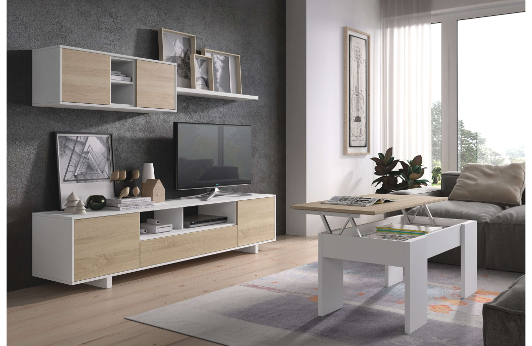 Meuble TV HUGO 3 portes et 1 niche avec étagère murale L200cm