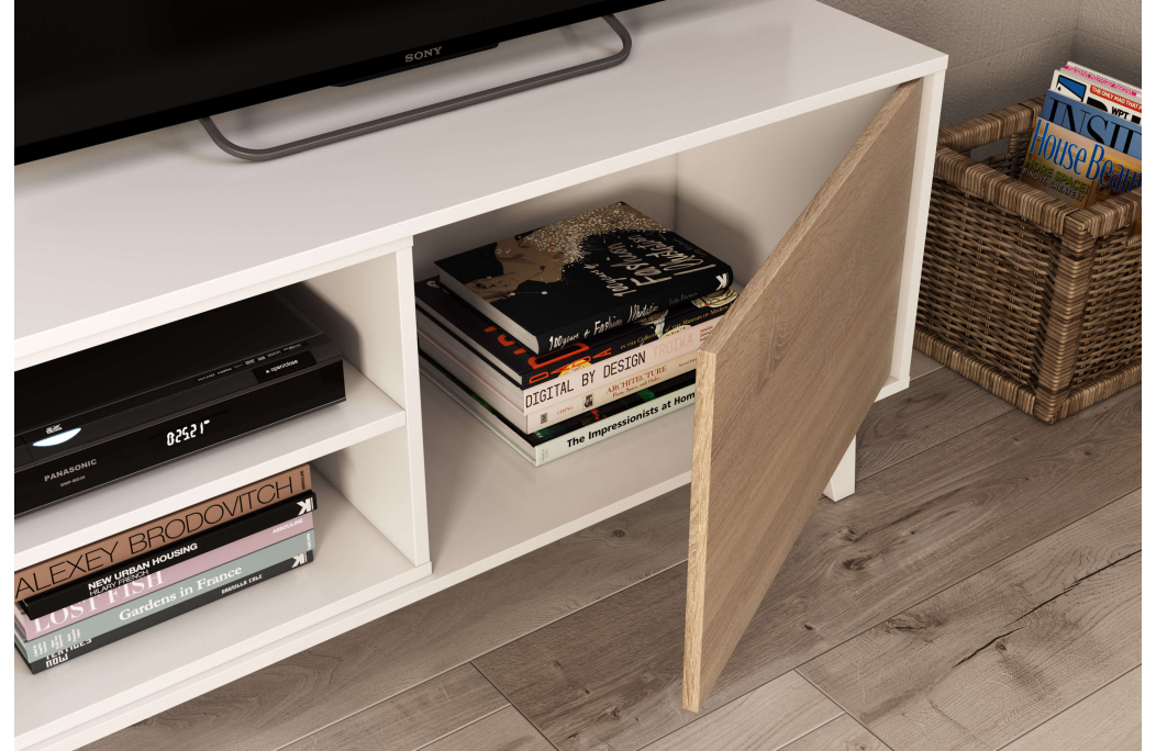 Meuble TV ABBY 2 portes, 2 niches et étagère murale L180cm