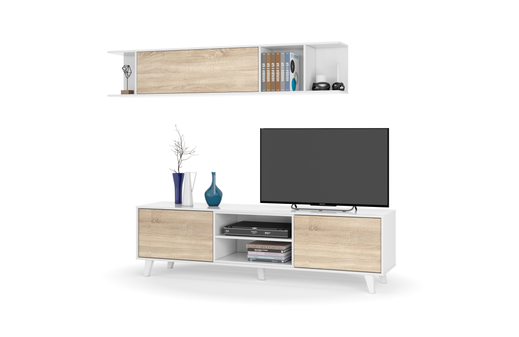 Meuble TV ABBY 2 portes, 2 niches et étagère murale L180cm