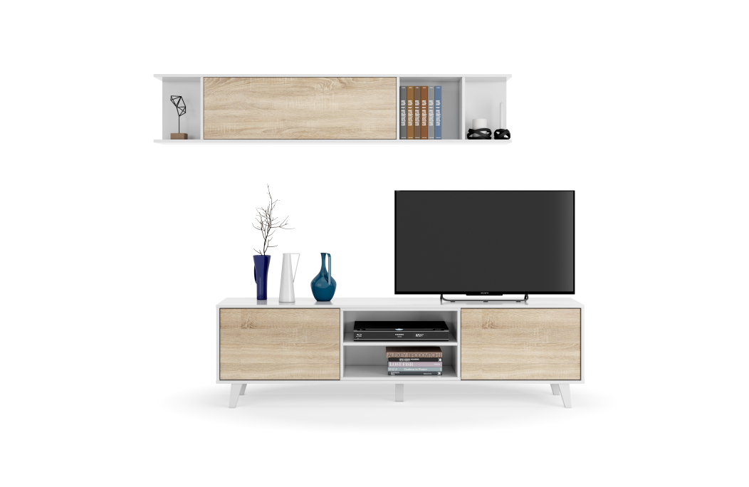 Meuble TV ABBY 2 portes, 2 niches et étagère murale L180cm