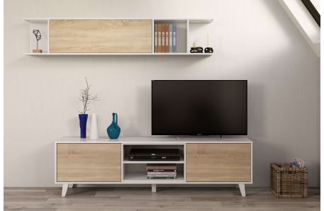 Meuble TV ABBY 2 portes, 2 niches et étagère murale L180cm