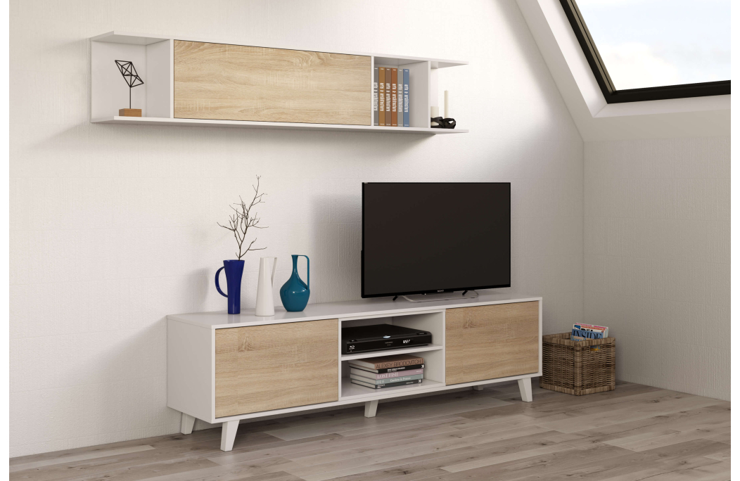 Meuble TV ABBY 2 portes, 2 niches et étagère murale L180cm