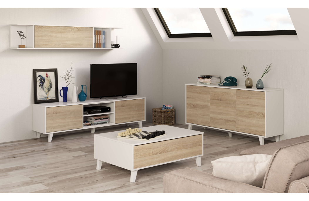 Meuble TV ABBY 2 portes, 2 niches et étagère murale L180cm