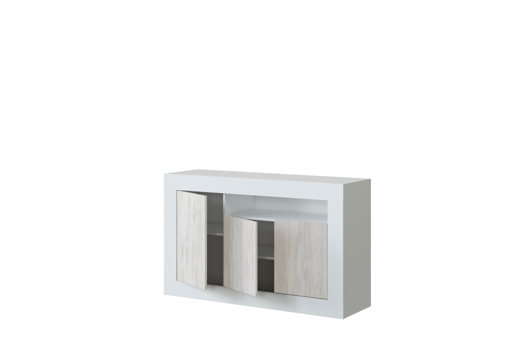 Buffet moderne GWEN effet blanchi 3 portes et 1 étagère L144cm