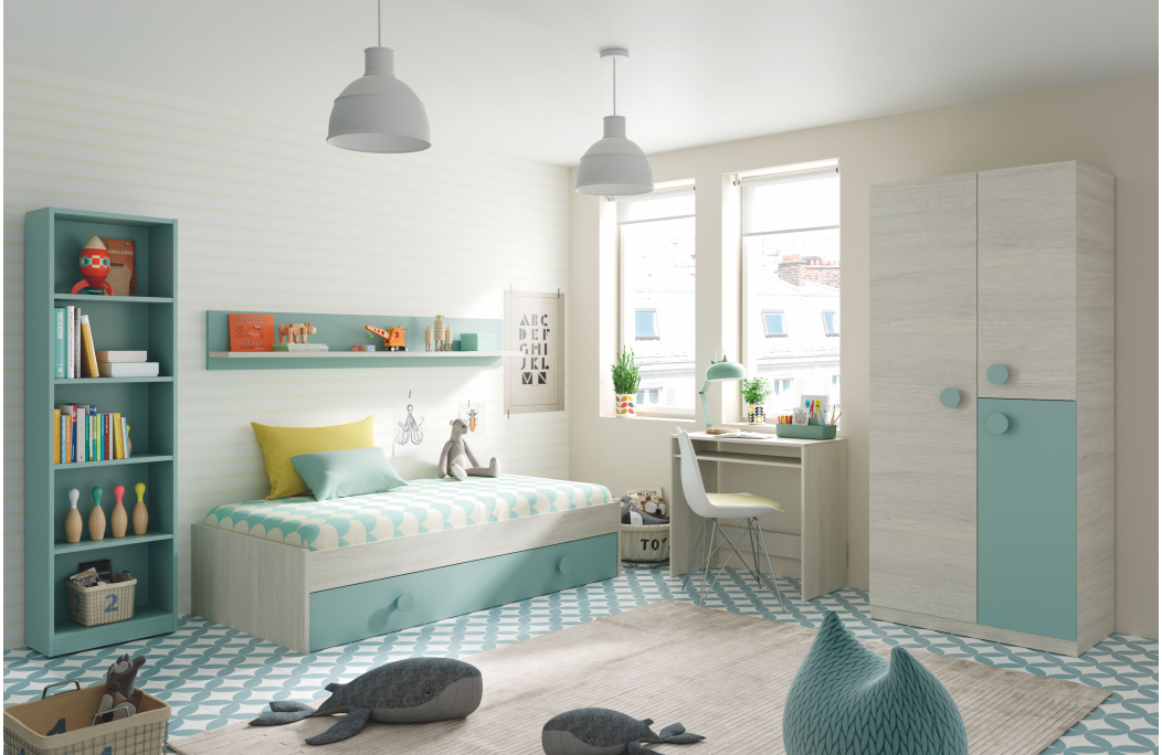 Lit tiroir CYANN sans sommier L201cm avec étagère murale