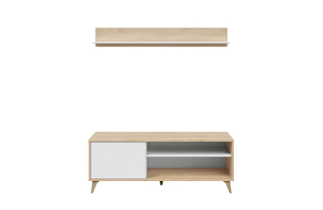 Meuble TV LAURA 2 niches, 1 porte et étagère murale L135cm