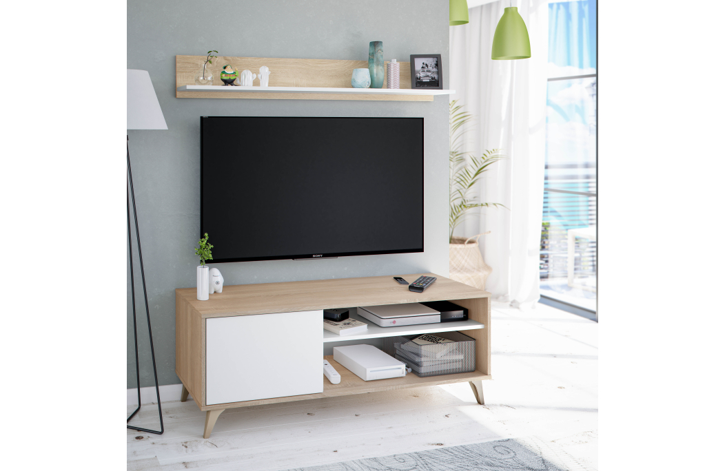 Meuble TV LAURA 2 niches, 1 porte et étagère murale L135cm