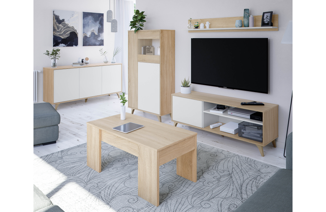 Meuble TV LAURA 2 niches, 1 porte et étagère murale L135cm