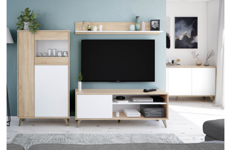 Meuble TV LAURA 2 niches, 1 porte et étagère murale L135cm
