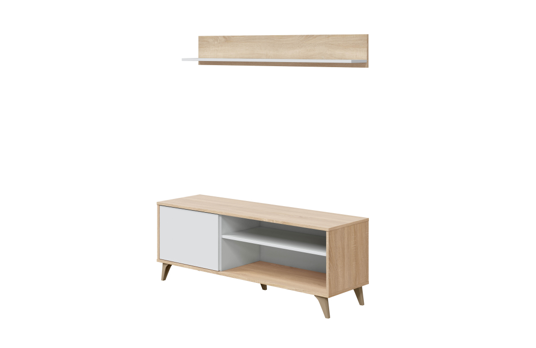 Meuble TV LAURA 2 niches, 1 porte et étagère murale L135cm
