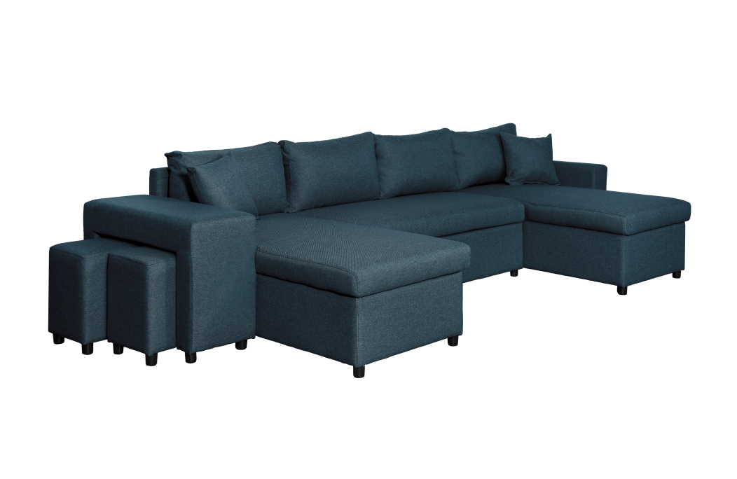 Canapé d'angle panoramique OSLO convertible avec coffres et poufs en tissu