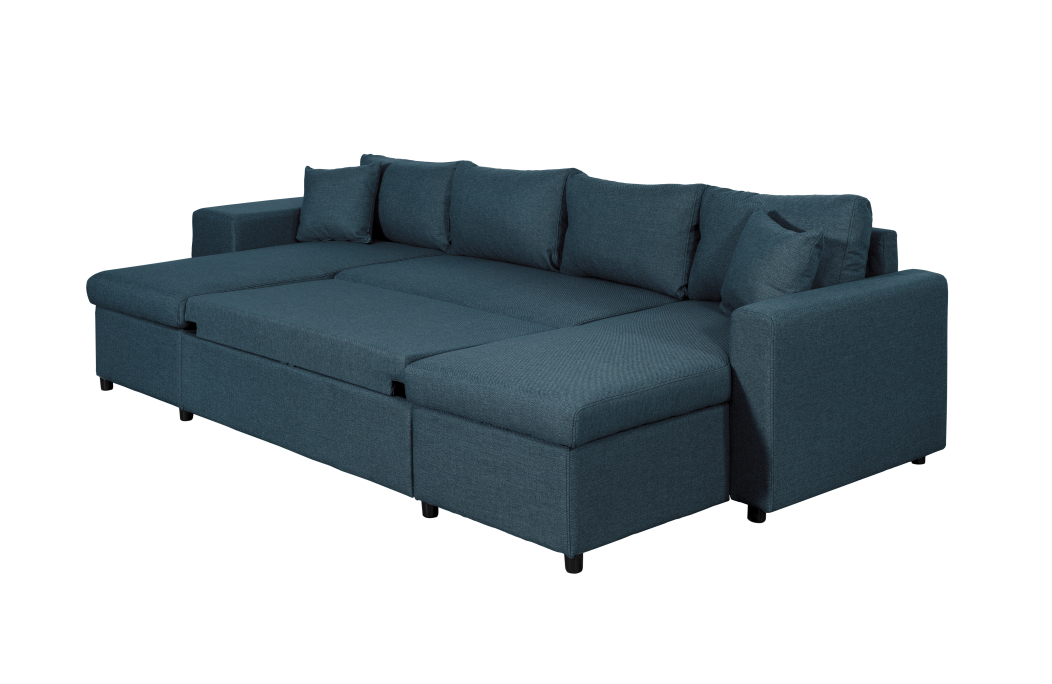 Canapé d'angle panoramique OSLO convertible avec coffres et poufs en tissu