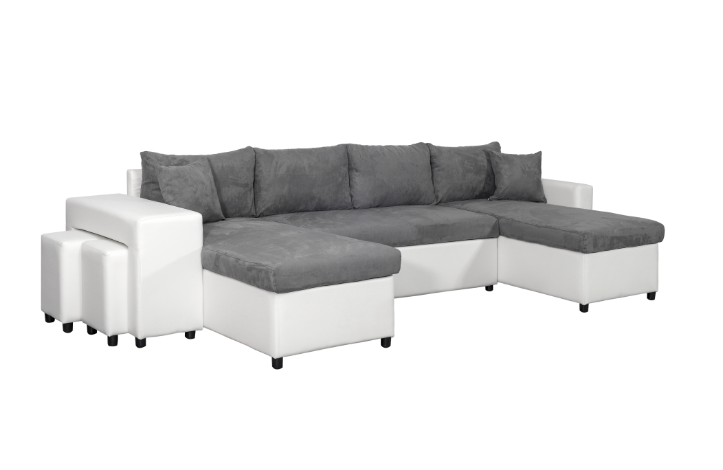 Canapé d'angle panoramique OSLO convertible avec coffres et poufs en simili et tissu