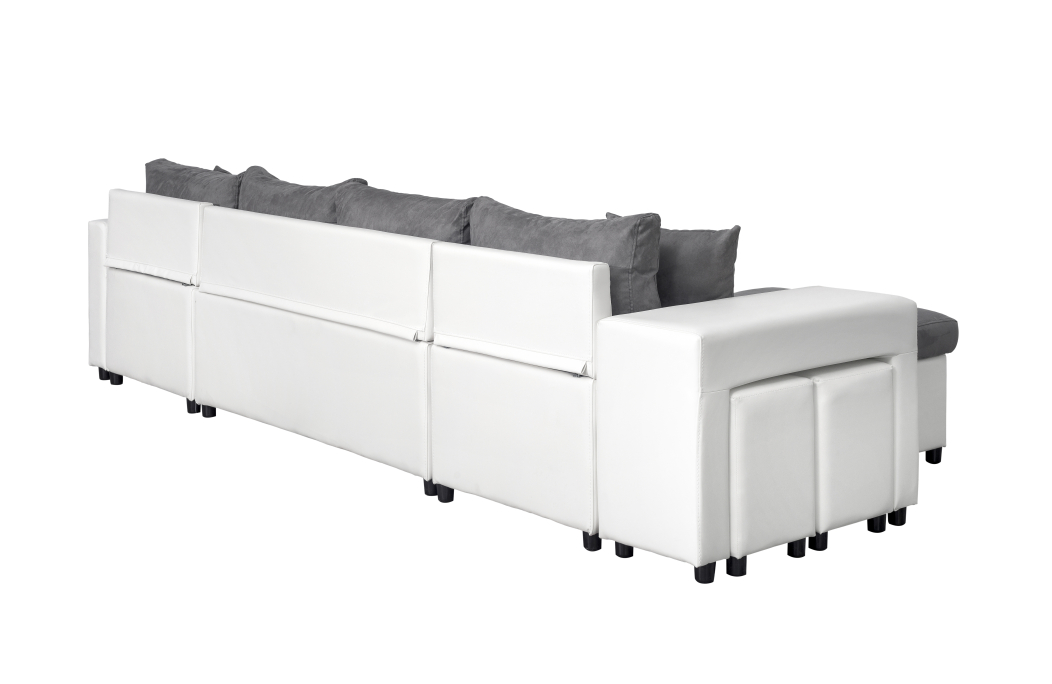 Canapé d'angle panoramique OSLO convertible avec coffres et poufs en simili et tissu