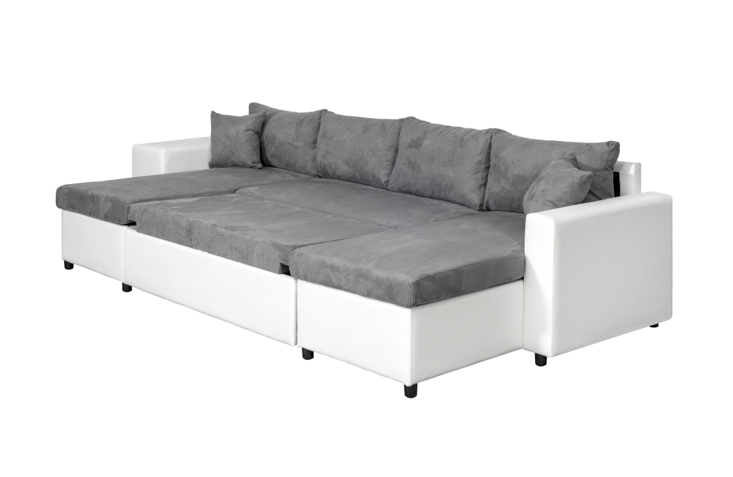 Canapé d'angle panoramique OSLO convertible avec coffres et poufs en simili et tissu