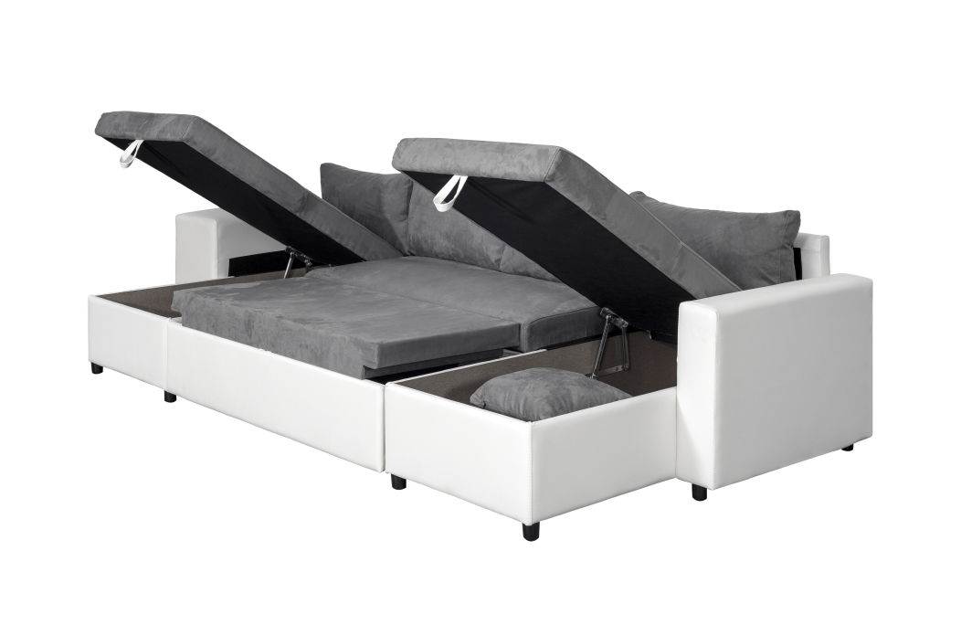Canapé d'angle panoramique OSLO convertible avec coffres et poufs en simili et tissu
