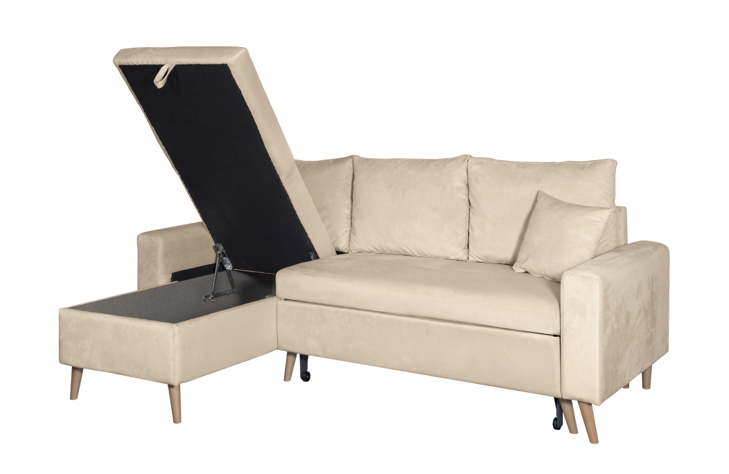 Canapé d'angle MARIA SCANDINAVE VELOURS réversible et convertible avec coffre