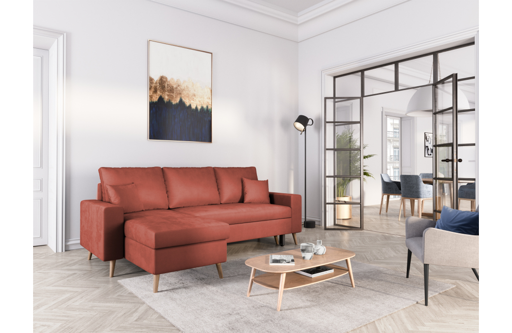 Canapé d'angle MARIA SCANDINAVE VELOURS réversible et convertible avec coffre