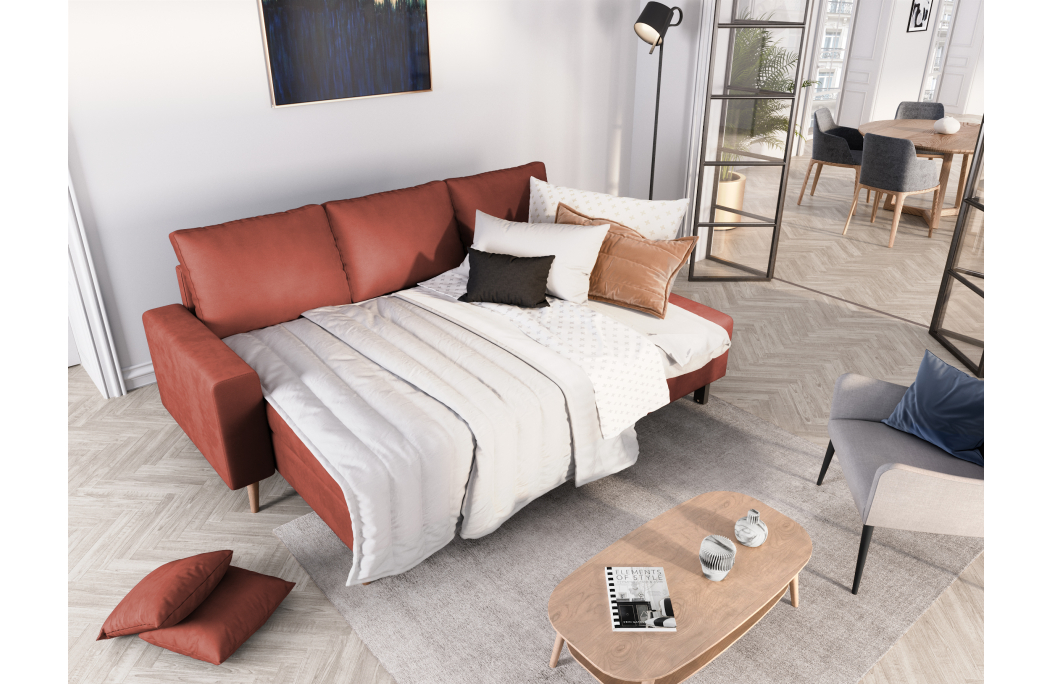 Canapé d'angle MARIA SCANDINAVE VELOURS réversible et convertible avec coffre
