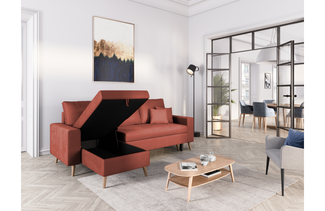 Canapé d'angle MARIA SCANDINAVE VELOURS réversible et convertible avec coffre