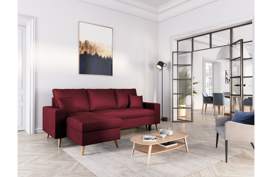 Canapé d'angle MARIA SCANDINAVE VELOURS réversible et convertible avec coffre