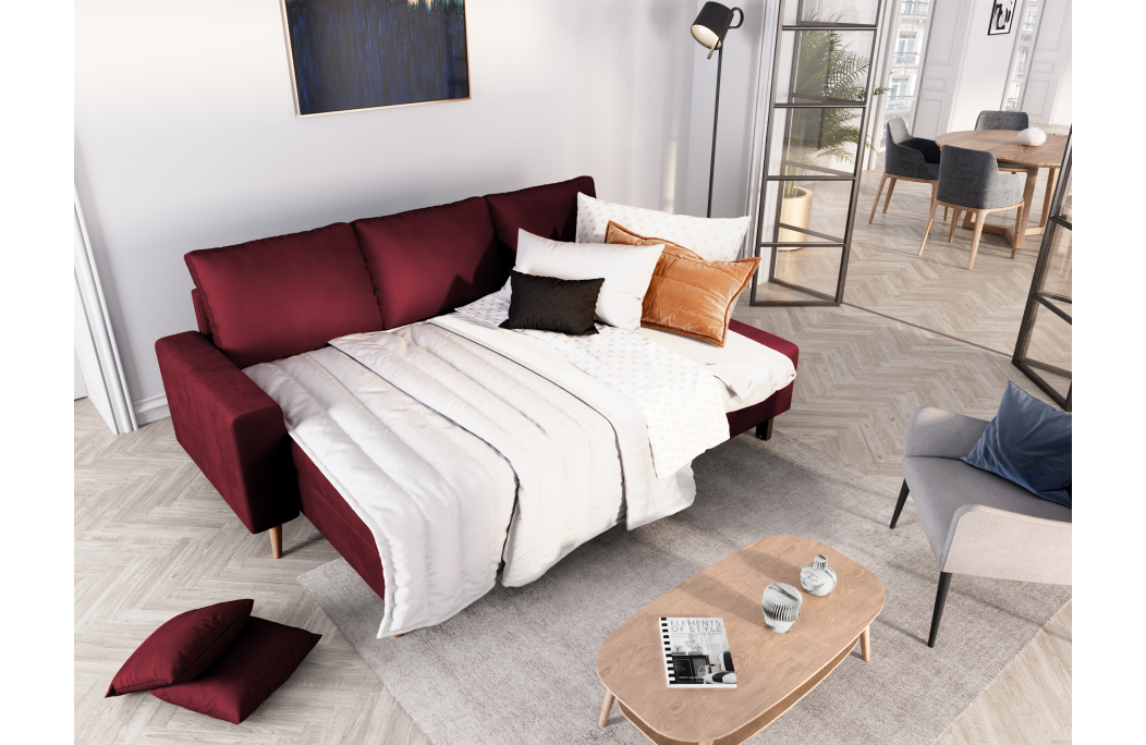 Canapé d'angle MARIA SCANDINAVE VELOURS réversible et convertible avec coffre