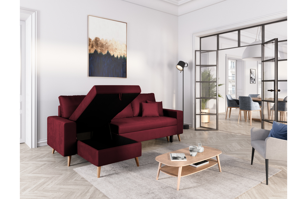 Canapé d'angle MARIA SCANDINAVE VELOURS réversible et convertible avec coffre