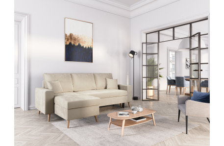 Canapé d'angle MARIA SCANDINAVE VELOURS réversible et convertible avec coffre