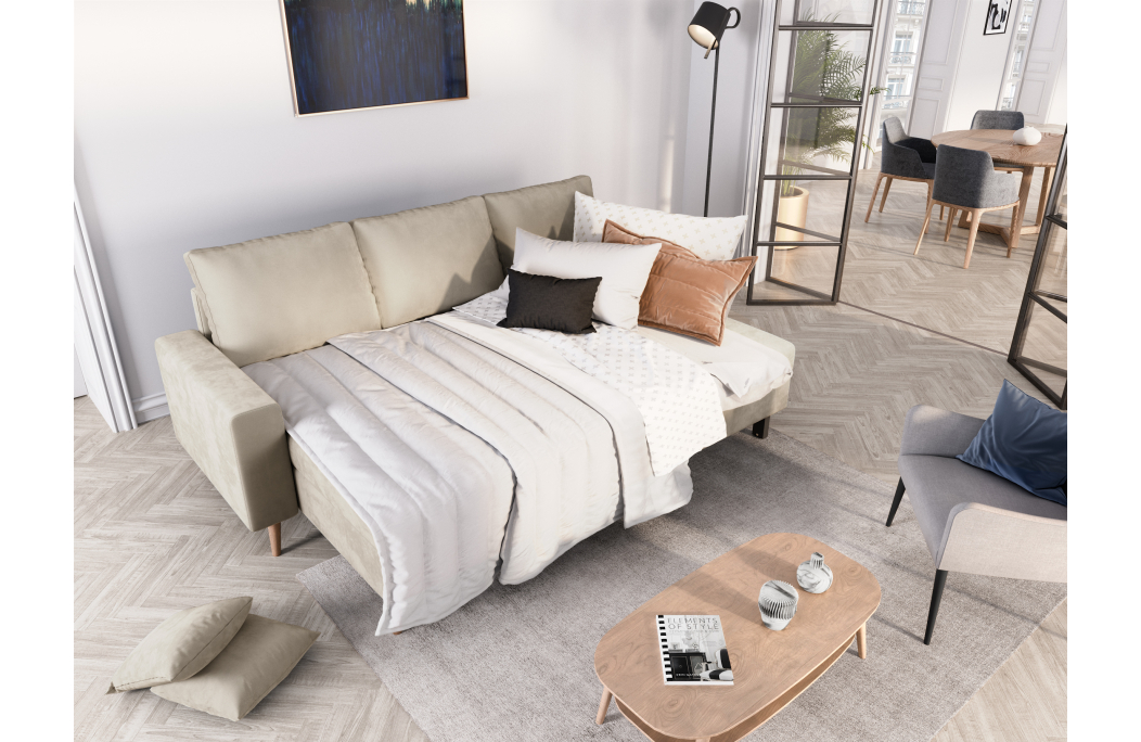 Canapé d'angle MARIA SCANDINAVE VELOURS réversible et convertible avec coffre