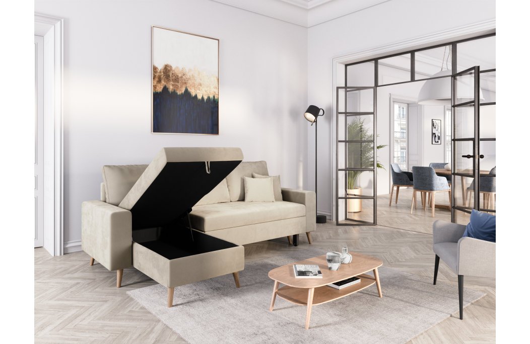 Canapé d'angle MARIA SCANDINAVE VELOURS réversible et convertible avec coffre