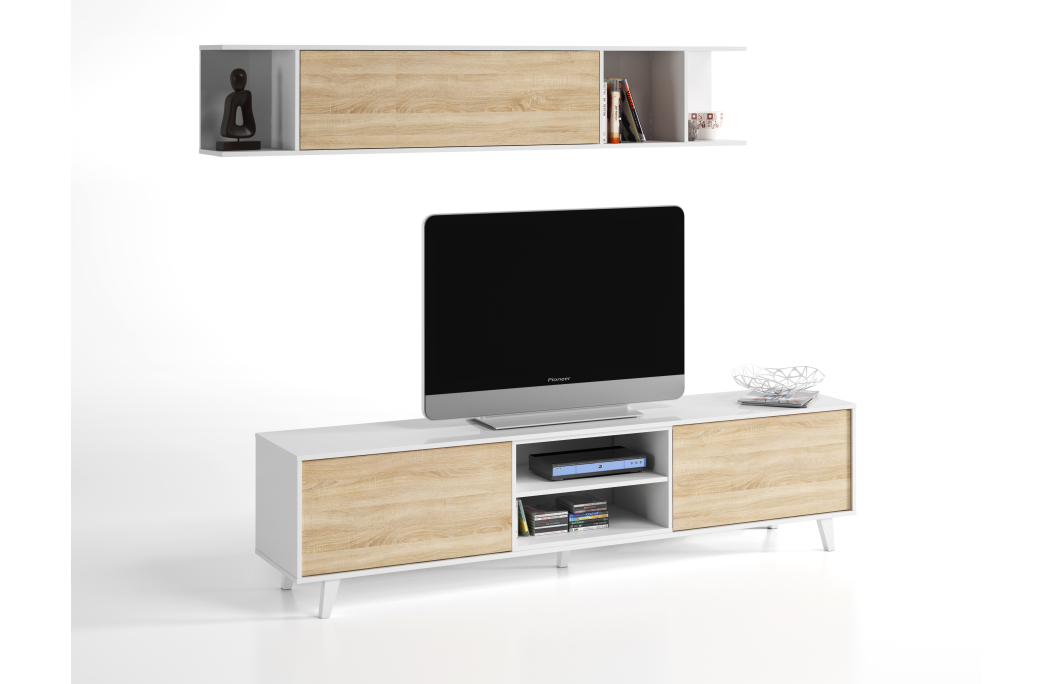 Meuble TV ABBY 2 portes, 2 niches et étagère murale L180cm