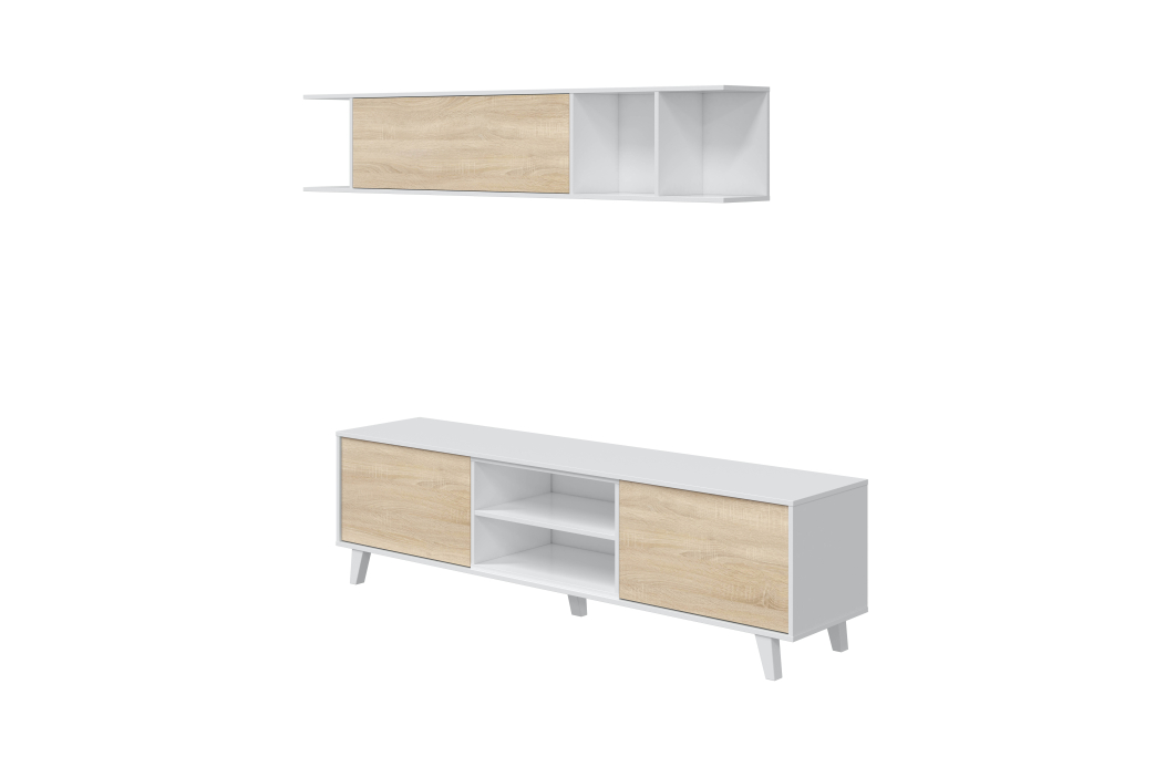 Meuble TV ABBY 2 portes, 2 niches et étagère murale L180cm
