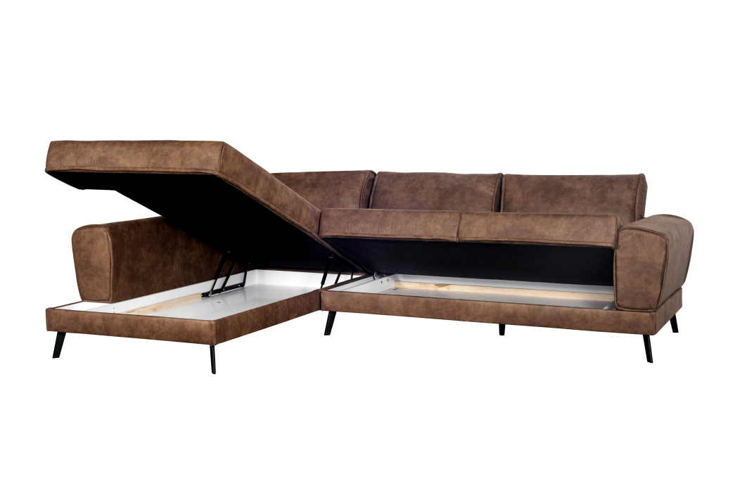 Canapé d'angle INDIA convertible 2 coffres en tissu marron industriel