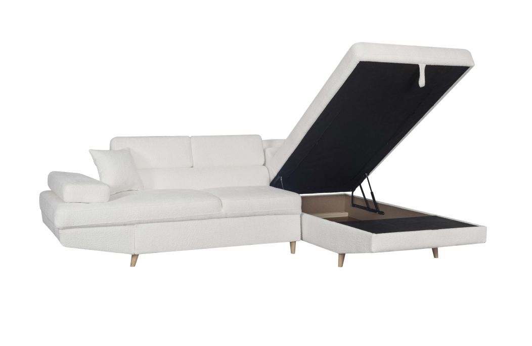 Canapé d'angle convertible MATHIS avec coffre en tissu bouclettes