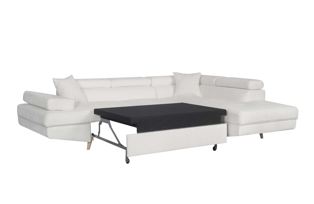 Canapé d'angle convertible MATHIS avec coffre en tissu bouclettes