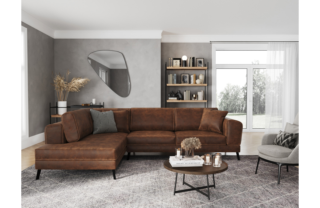 Canapé d'angle INDIA convertible 2 coffres en tissu marron industriel