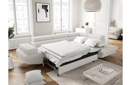 Canapé d'angle convertible MATHIS avec coffre en tissu bouclettes