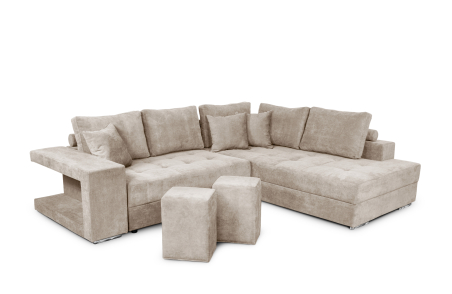 Canapé d'angle TAMIA convertible avec coffre et 2 poufs en tissu