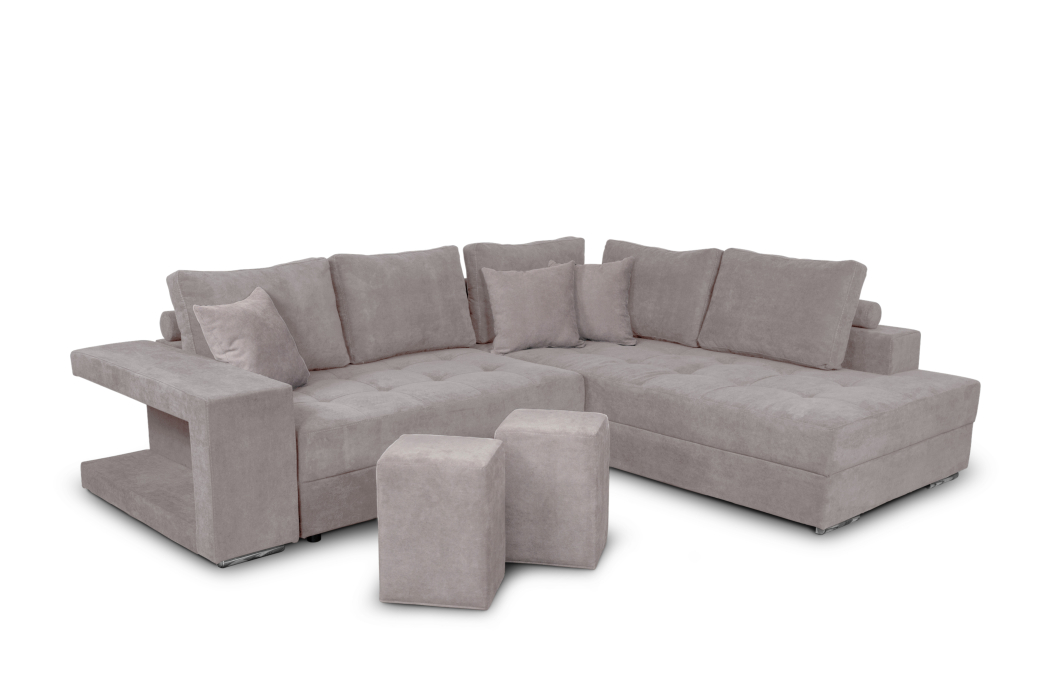 Canapé d'angle TAMIA convertible avec coffre et 2 poufs en tissu
