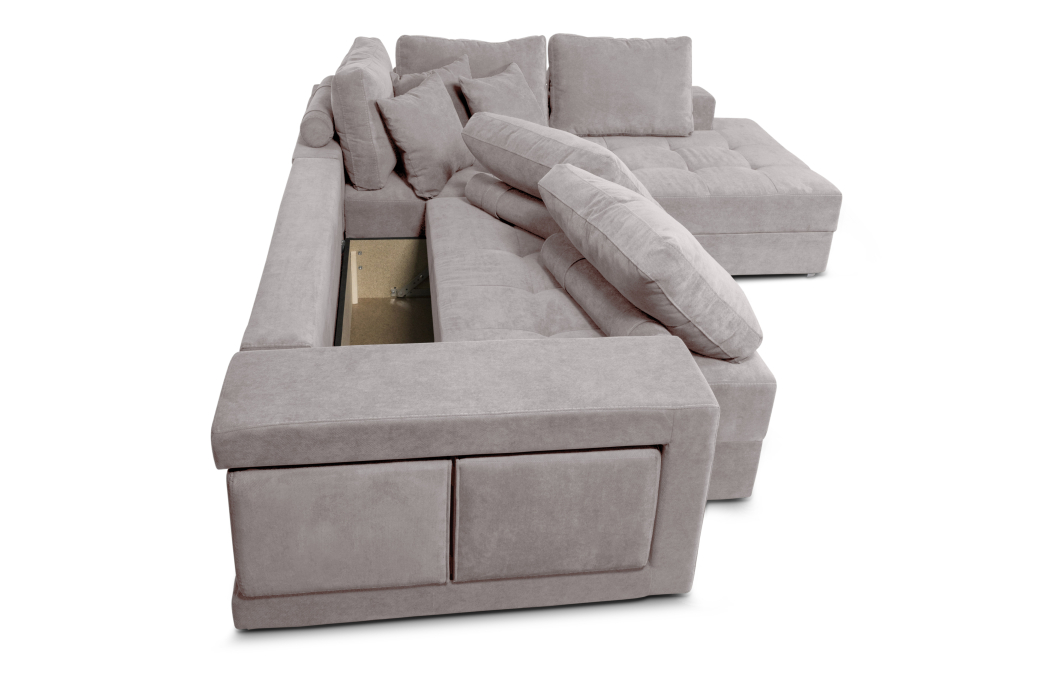 Canapé d'angle TAMIA convertible avec coffre et 2 poufs en tissu