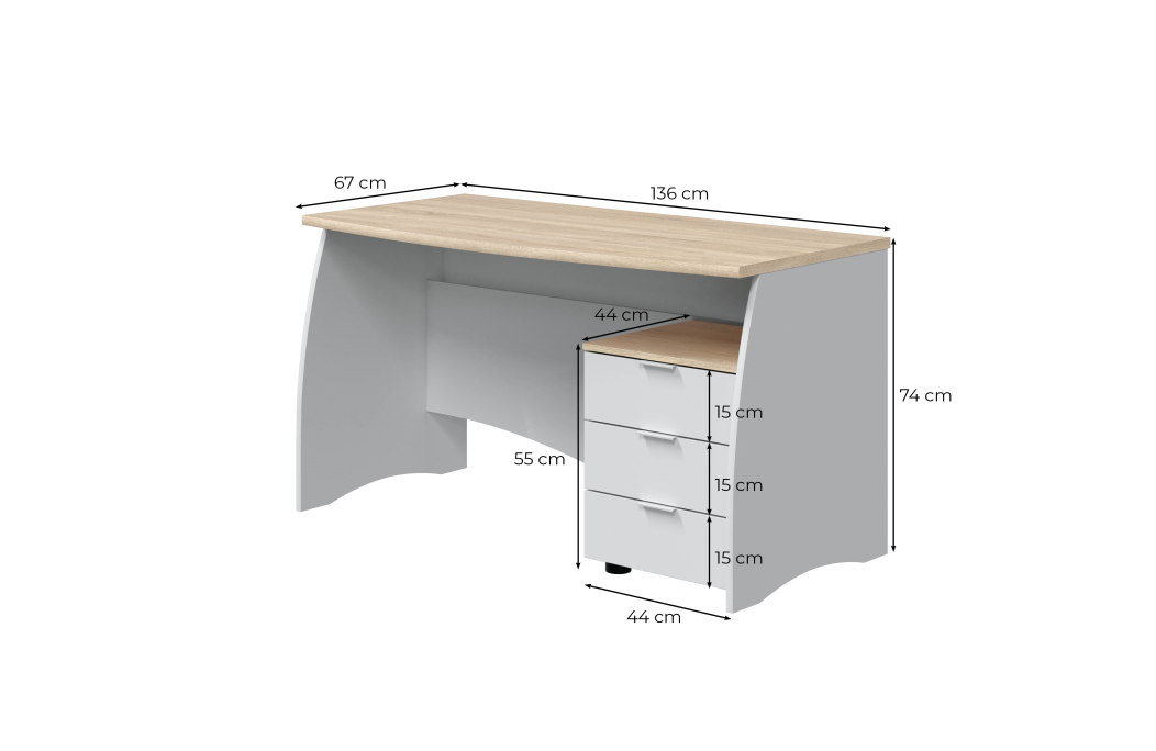 Bureau ROY avec caisson de 3 tiroirs L136cm