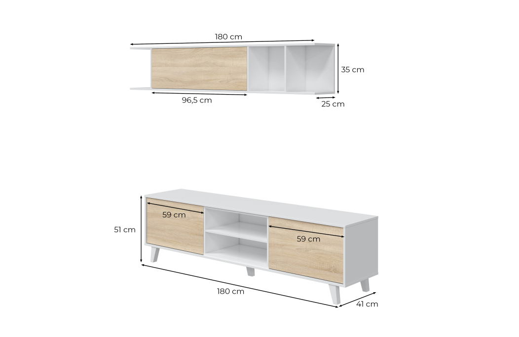 Meuble TV ABBY 2 portes, 2 niches et étagère murale L180cm