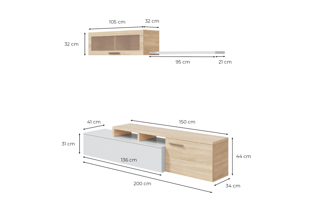Meuble TV ESMÉ 2 portes avec étagère murale L200cm