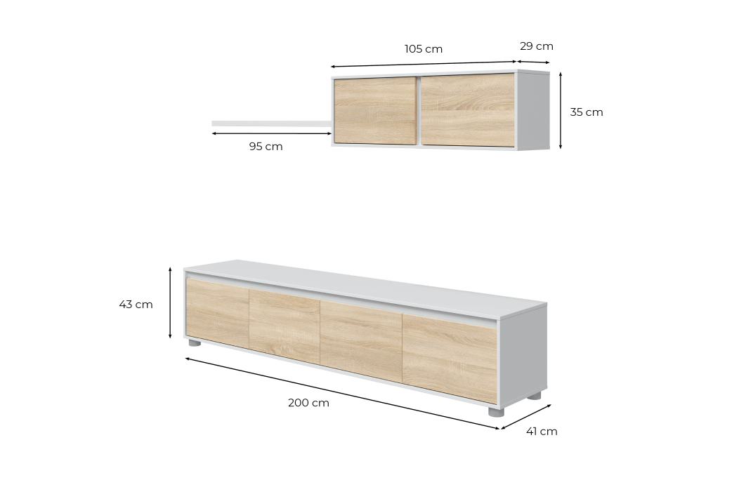 Meuble TV ELODIE 4 portes avec étagère murale L200cm